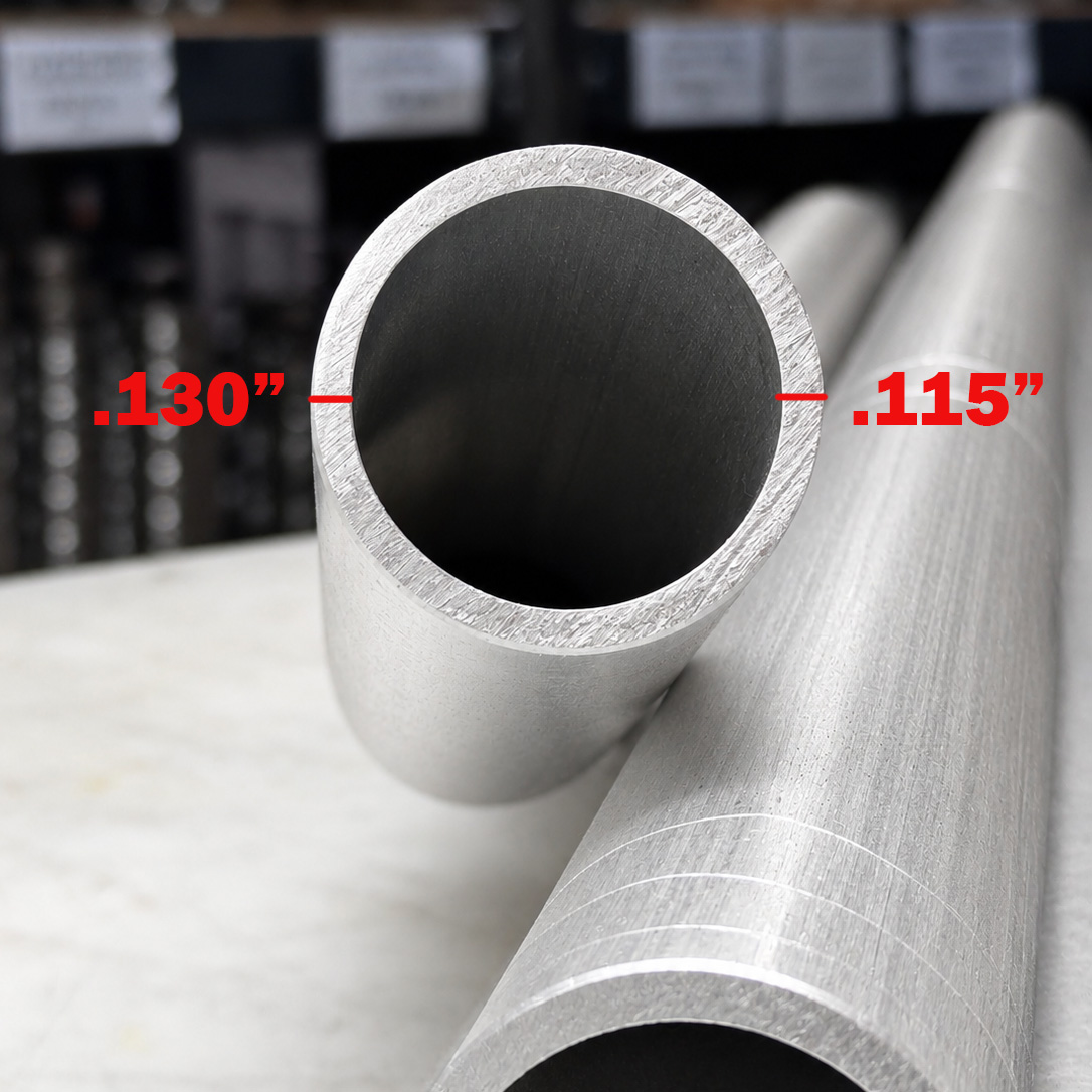 Aluminum tube cross section showing off-center bore with .130 inch wall on one side and .115 inch wall on the other
