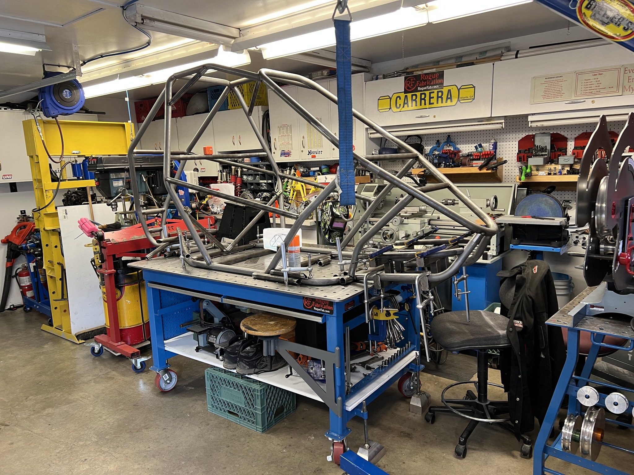 crosskart tube frame on welding table mid-build, Gary Harmon