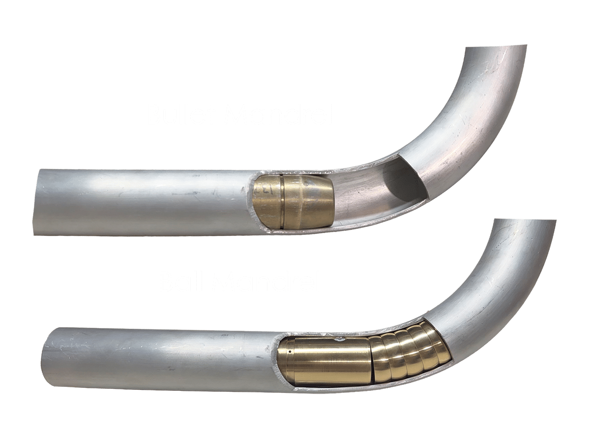 Bullet mandrel versus ball mandrel comparison inside cut away bent tubes showing bronze mandrel position at tangent point