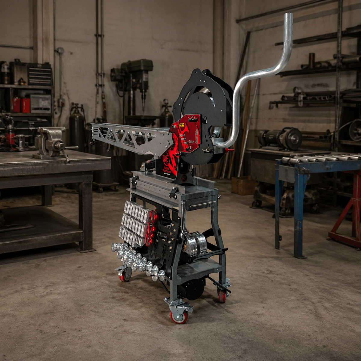 RogueFab M6xx mandrel bender in working fabrication shop with completed bent tube