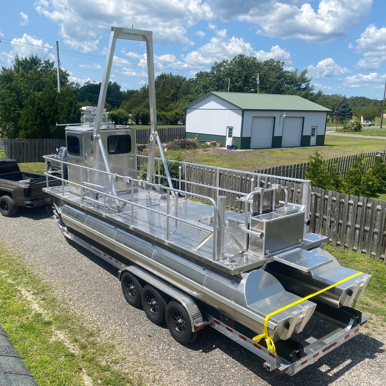 Custom aluminum marine handrails and safety railings on commercial aluminum work boat
