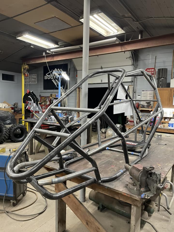 crosskart tube frame in home garage, Scott Ernst build