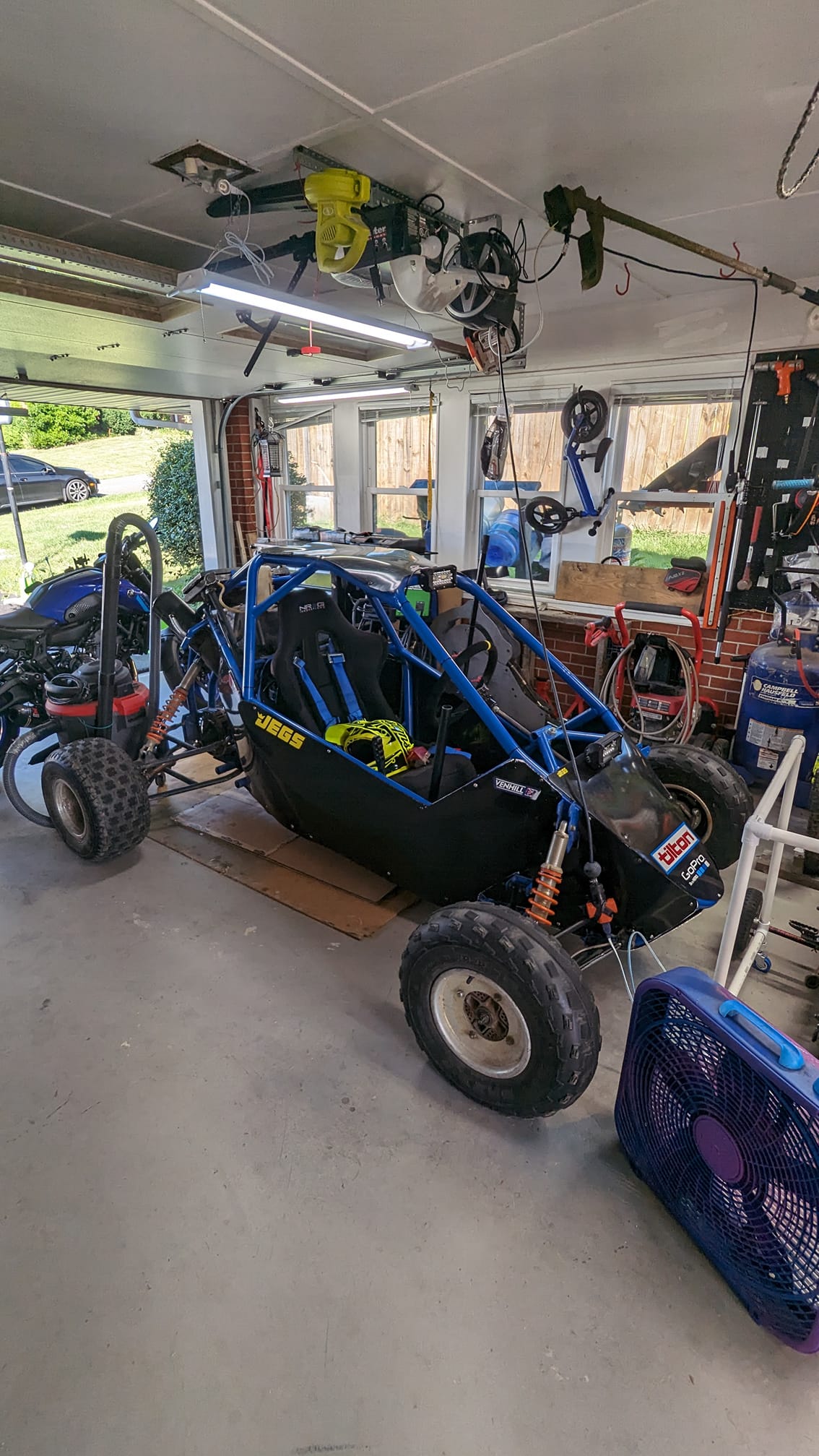 completed two-seat crosskart VF-2 in garage, Trey Davis